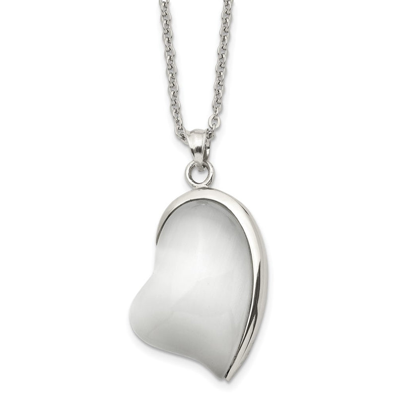 Stainless Steel Polished White Cat'S Eye Heart 20In Necklace