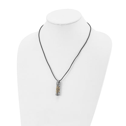 Stainless Steel Chisel Antiqued And Polished With Yellow Ip-Plated Accent Star Of David Pendant On A 20 Inch Leather Cord Necklace