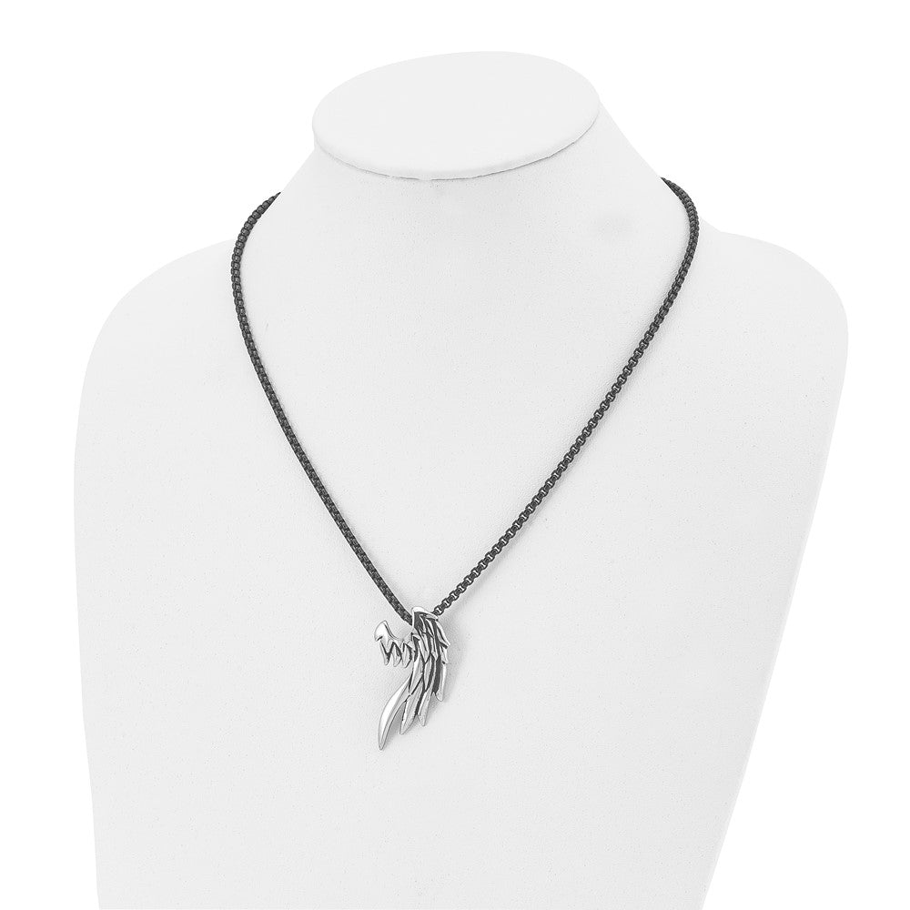 Stainless Steel Chisel Antiqued And Polished Wing Slide On A Black Ip-Plated 20 Inch Ball Chain Necklace