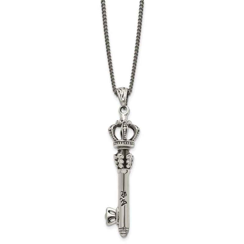 Stainless Steel Antiqued And Polished Crown Key 20In Necklace