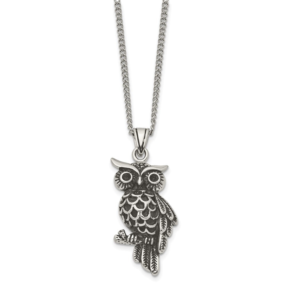 Stainless Steel Antiqued And Polished W/Black Crystal Owl 20In Necklace