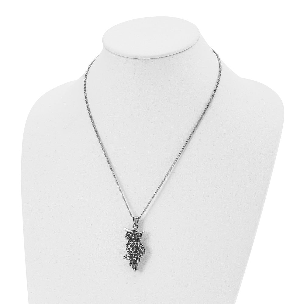 Stainless Steel Antiqued And Polished W/Black Crystal Owl 20In Necklace