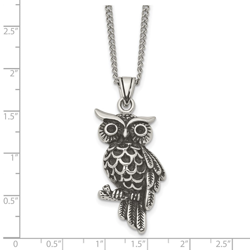 Stainless Steel Antiqued And Polished W/Black Crystal Owl 20In Necklace