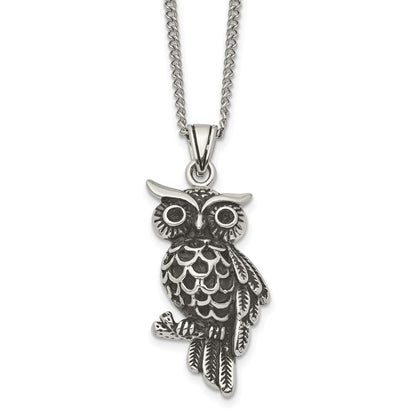 Stainless Steel Antiqued And Polished W/Black Crystal Owl 20In Necklace