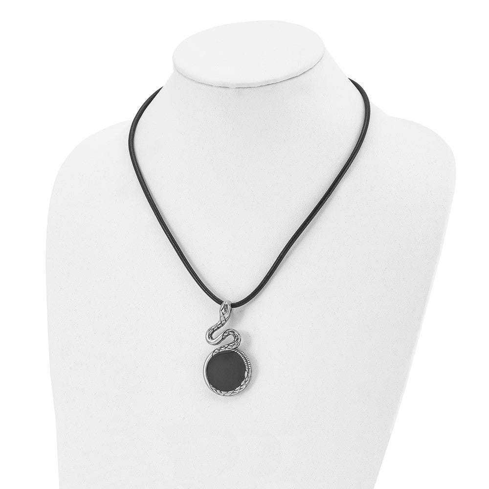 Stainless Steel Chisel Antiqued And Polished Enameled Snake Pednant On A 20 Inch Leather Cord Necklace