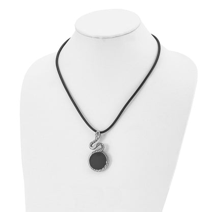 Stainless Steel Chisel Antiqued And Polished Enameled Snake Pednant On A 20 Inch Leather Cord Necklace