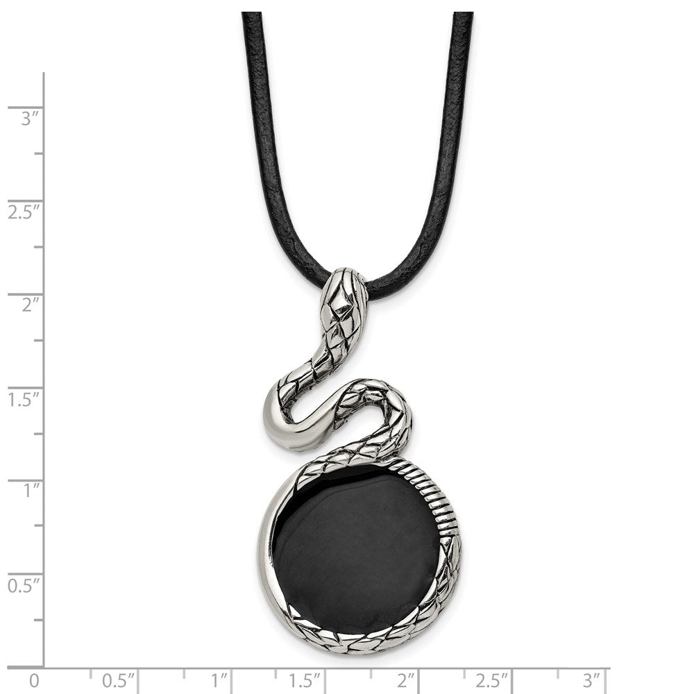 Stainless Steel Chisel Antiqued And Polished Enameled Snake Pednant On A 20 Inch Leather Cord Necklace