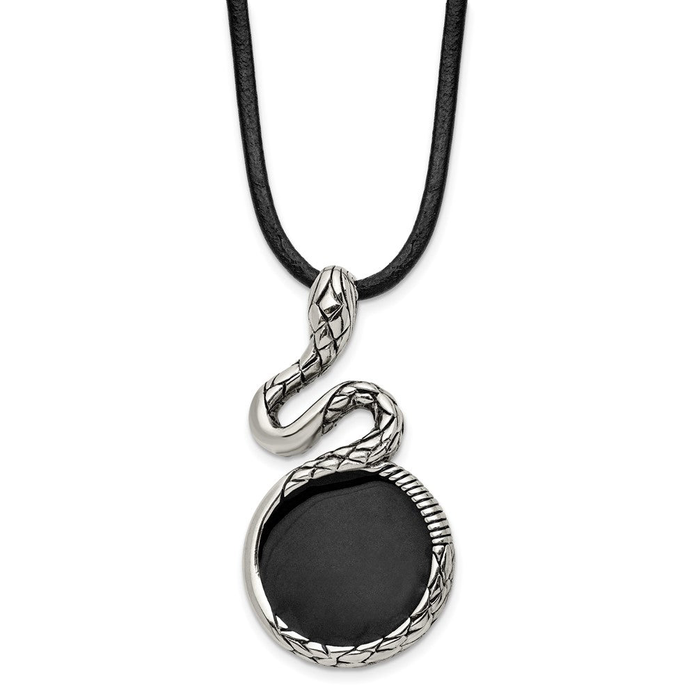 Stainless Steel Chisel Antiqued And Polished Enameled Snake Pednant On A 20 Inch Leather Cord Necklace