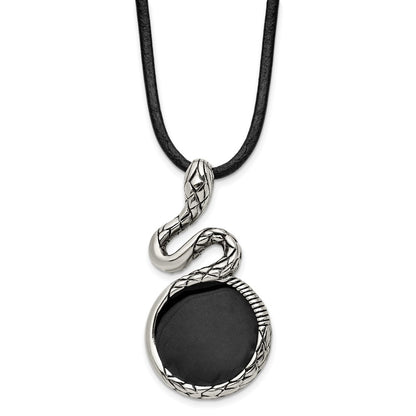 Stainless Steel Chisel Antiqued And Polished Enameled Snake Pednant On A 20 Inch Leather Cord Necklace