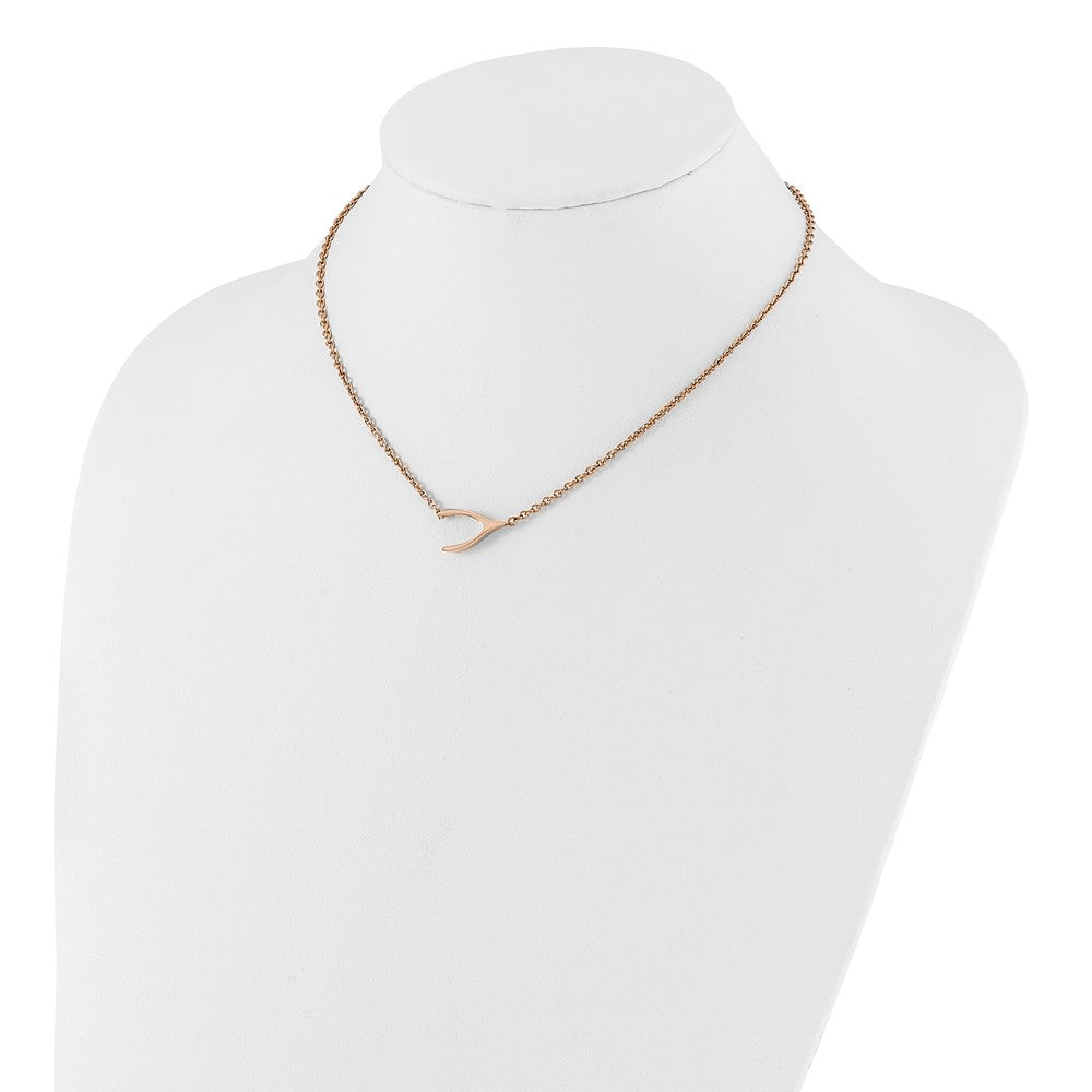 Stainless Steel Polished Rose Ip-Plated Sideways Wishbone Necklace