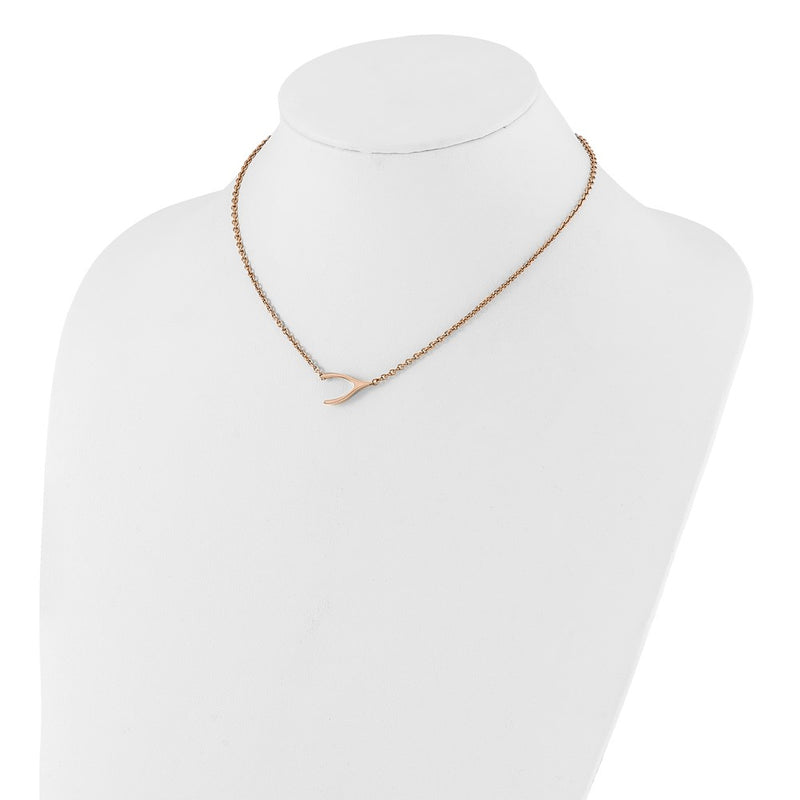 Stainless Steel Polished Rose Ip-Plated Sideways Wishbone Necklace