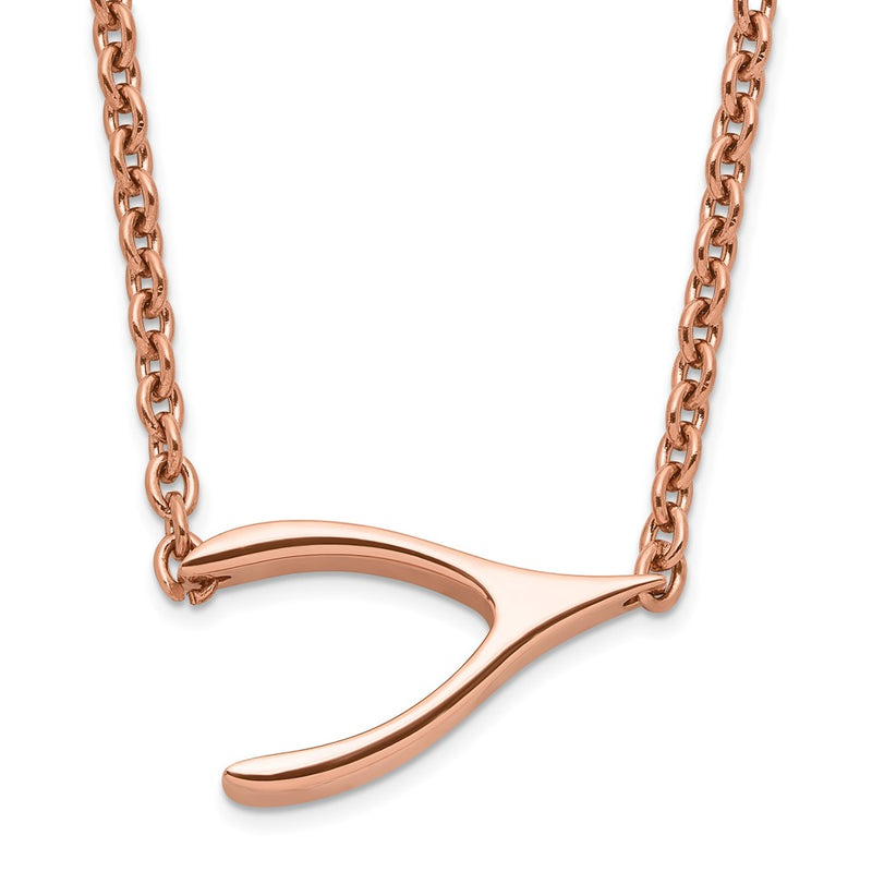 Stainless Steel Polished Rose Ip-Plated Sideways Wishbone Necklace