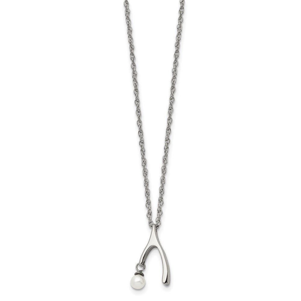 Stainless Steel Polished Wishbone Imitation Pearl 16In Necklace