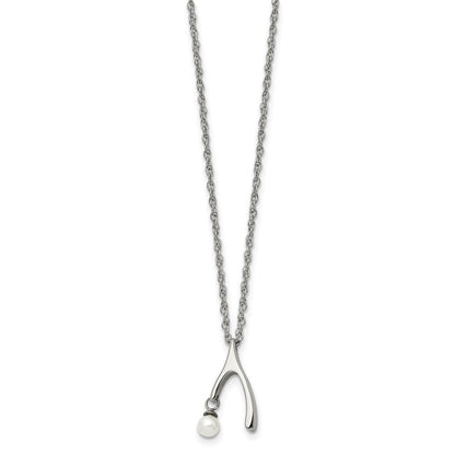 Stainless Steel Polished Wishbone Imitation Pearl 16In Necklace