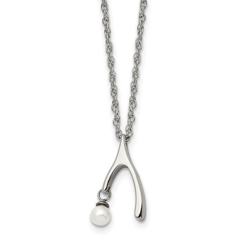 Stainless Steel Polished Wishbone Imitation Pearl 16In Necklace
