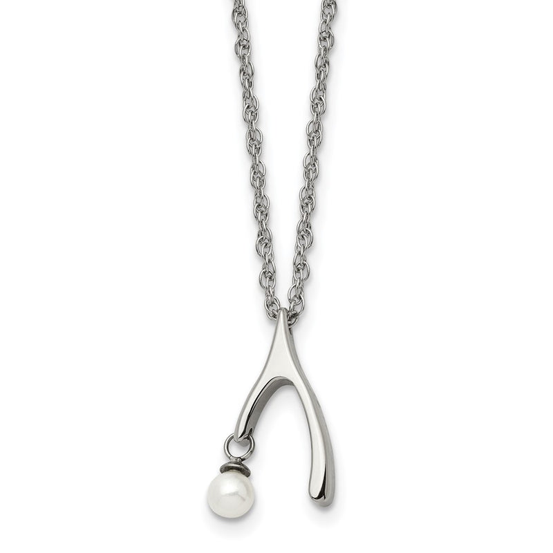 Stainless Steel Polished Wishbone Imitation Pearl 16In Necklace