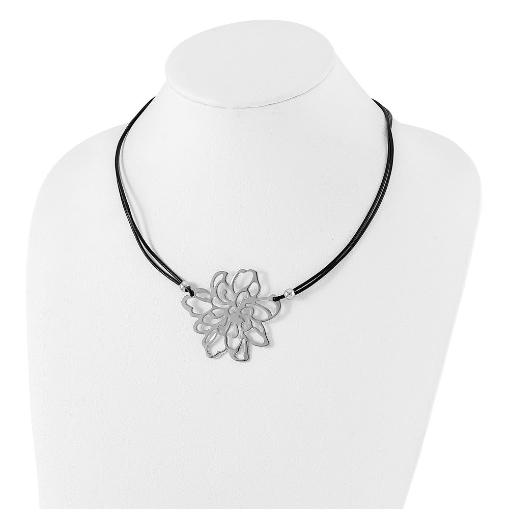 Stainless Steel Polished Flower W/Black Leather Cord Necklace