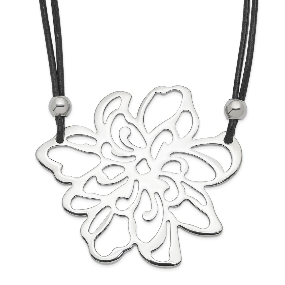Stainless Steel Polished Flower W/Black Leather Cord Necklace