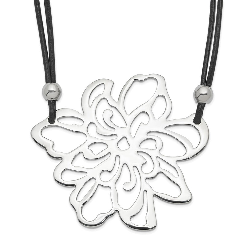 Stainless Steel Polished Flower W/Black Leather Cord Necklace