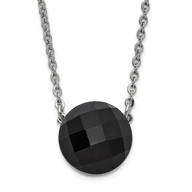 Stainless Steel Polished Dark Brown Faceted Glass W/1In Ext Necklace