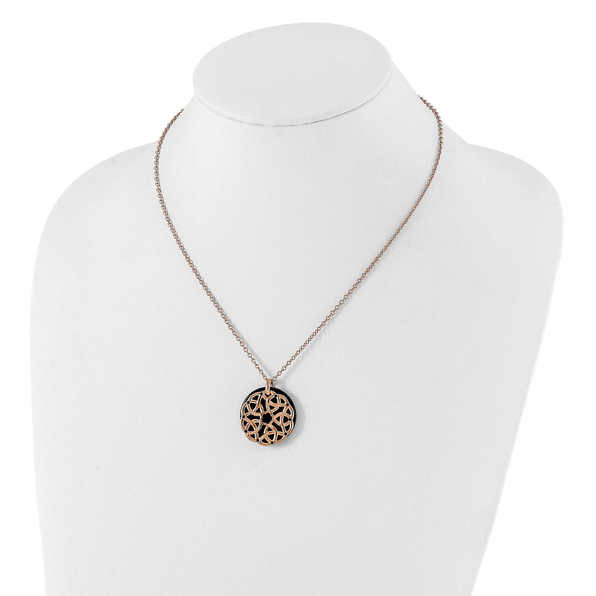 Stainless Steel And Rose Ip-Plated Polished Black Onyx Circle Necklace
