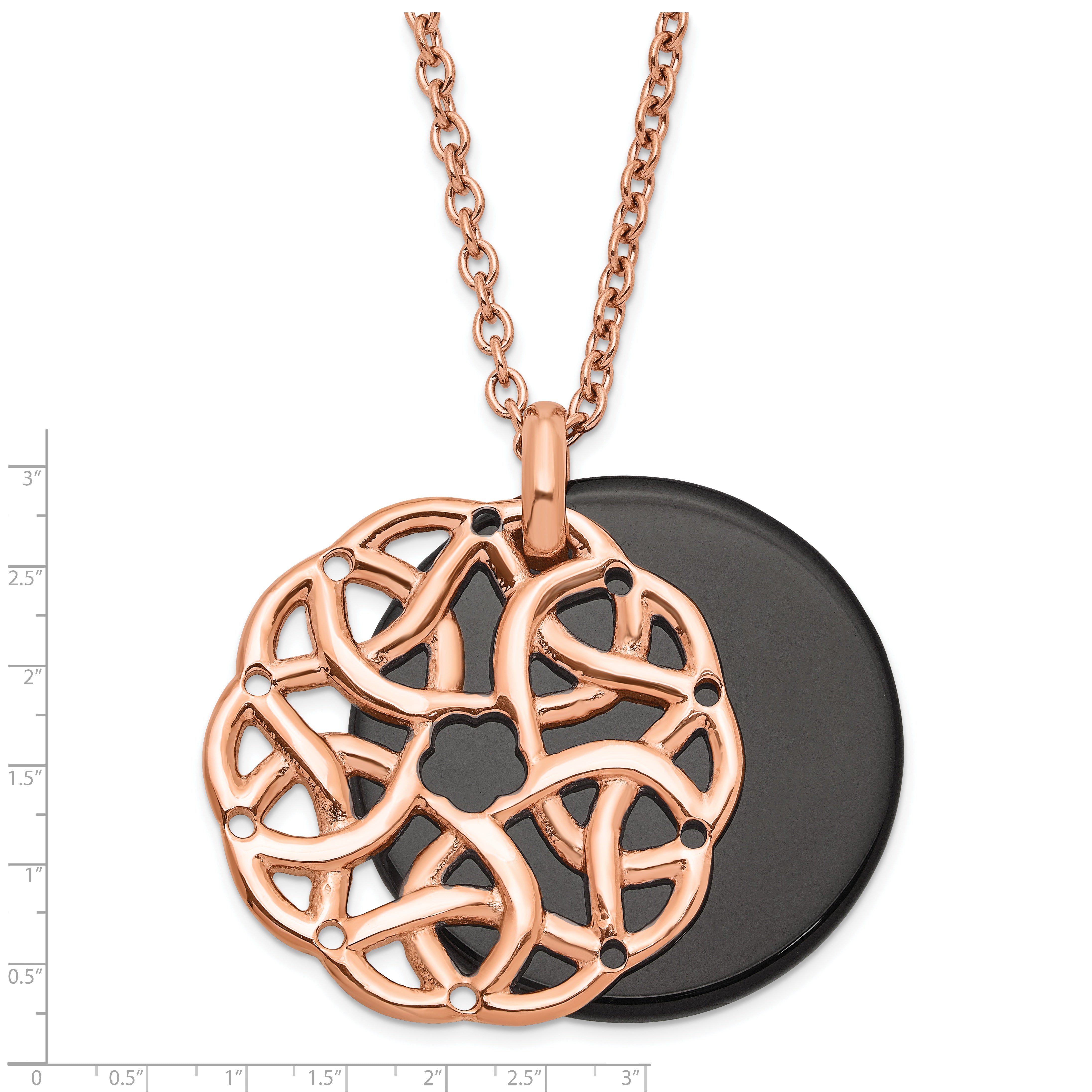 Stainless Steel And Rose Ip-Plated Polished Black Onyx Circle Necklace