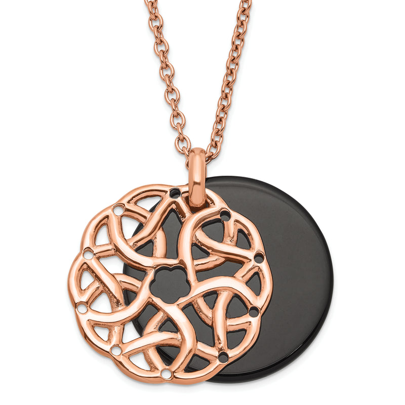 Stainless Steel And Rose Ip-Plated Polished Black Onyx Circle Necklace