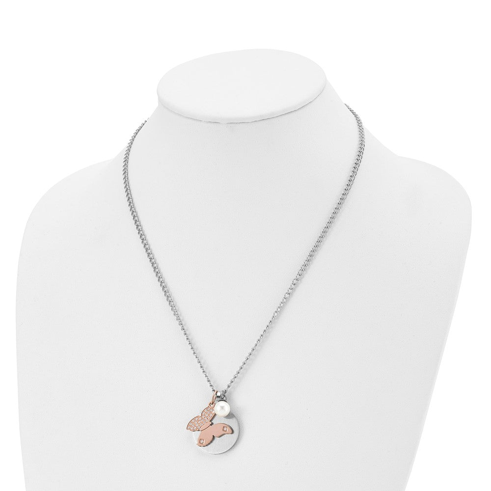 Stainless Steel Brushed & Polished Rose Ip Cz Butterfly&Fwc Pearl Necklace