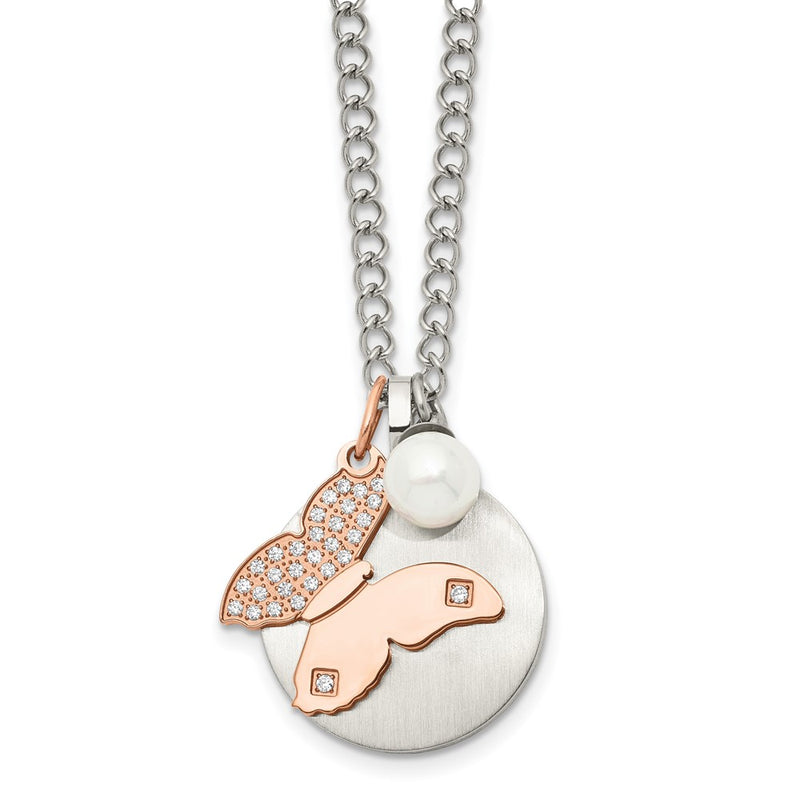 Stainless Steel Brushed & Polished Rose Ip Cz Butterfly&Fwc Pearl Necklace