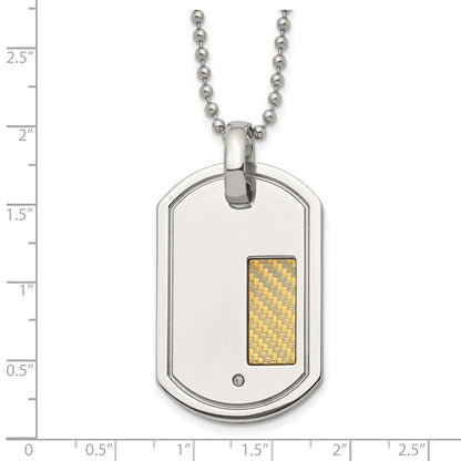 Stainless Steel Chisel Polished With 18K Gold Accent .01 Carat Diamond Dog Tag On A 24 Inch Ball Chain Necklace