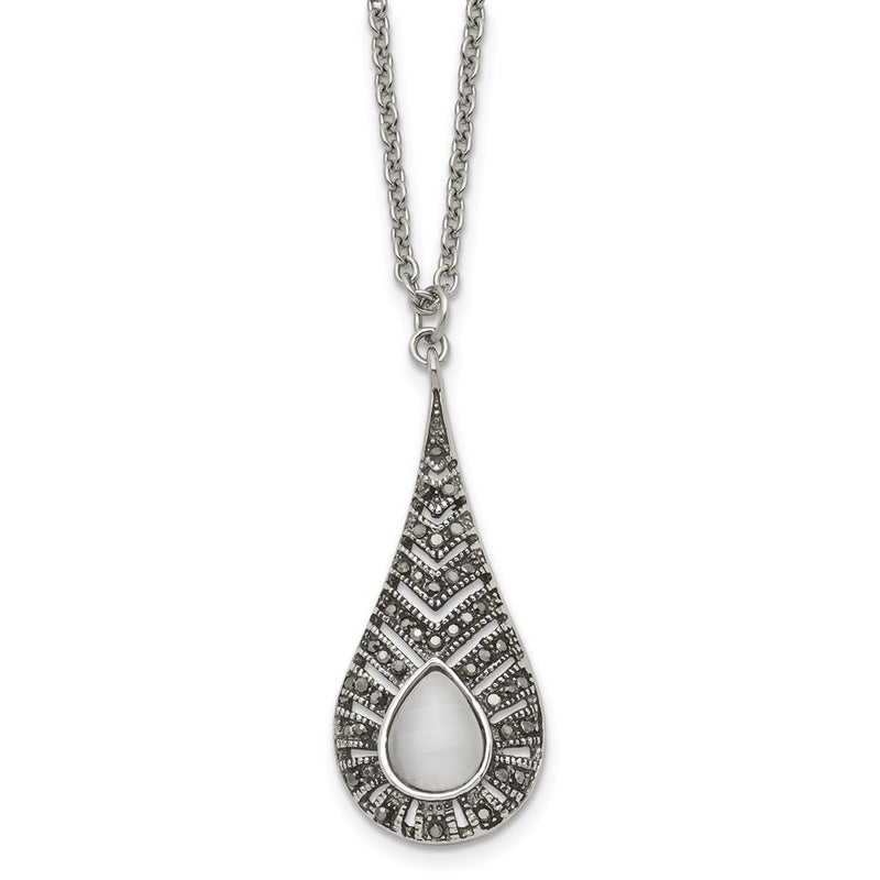 Stainless Steel Polished W/Marcasite And Cat'S Eye 18In Necklace
