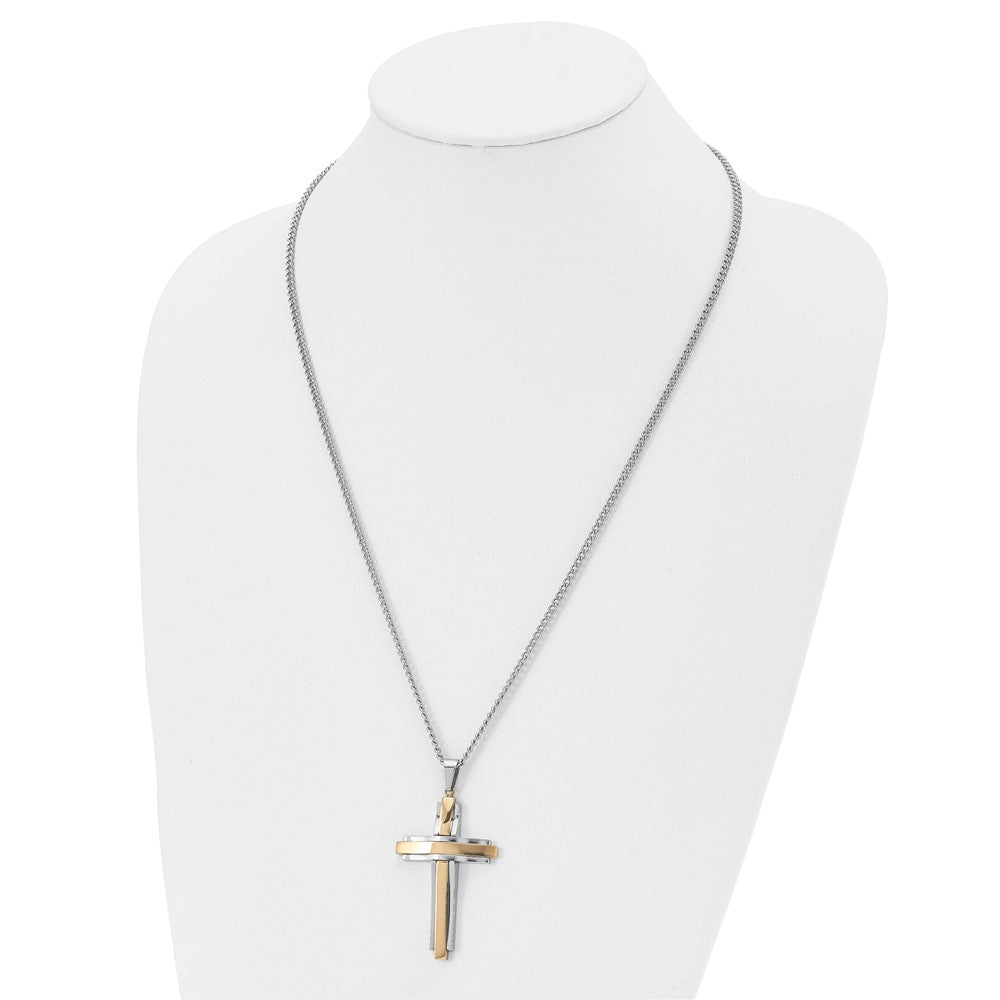 Stainless Steel Chisel Polished Yellow Ip-Plated Cross Pendant On A 24 Inch Curb Chain Necklace