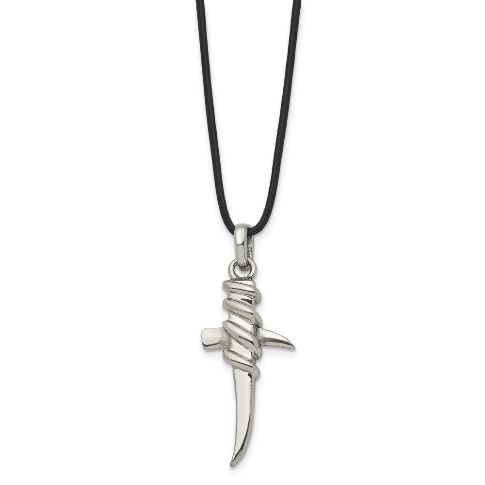 Stainless Steel Polished Pointed Cross 20In Leather Cord Necklace