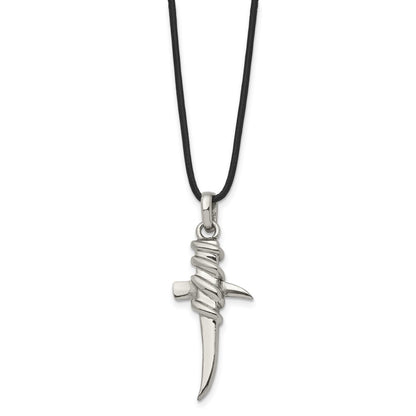 Stainless Steel Polished Pointed Cross 20In Leather Cord Necklace