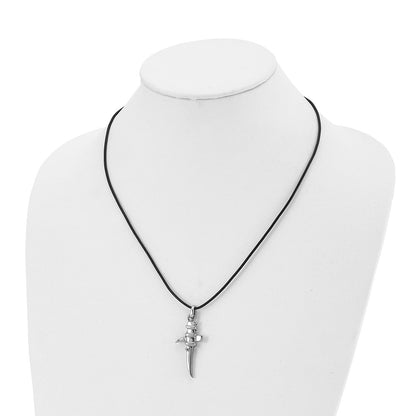 Stainless Steel Polished Pointed Cross 20In Leather Cord Necklace