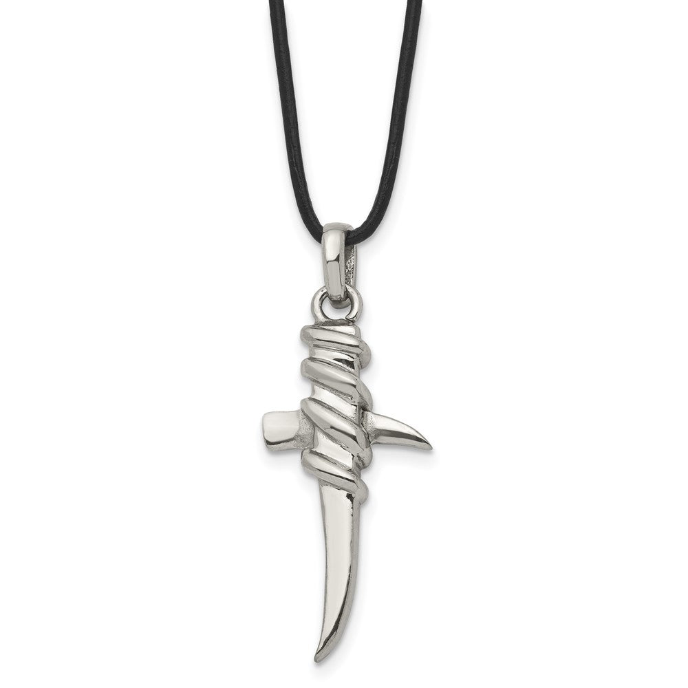 Stainless Steel Polished Pointed Cross 20In Leather Cord Necklace