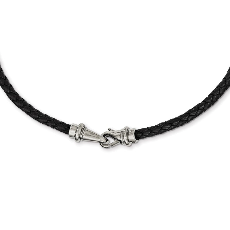 Stainless Steel Chisel Polished Woven Black Leather 19.5 Inch Necklace