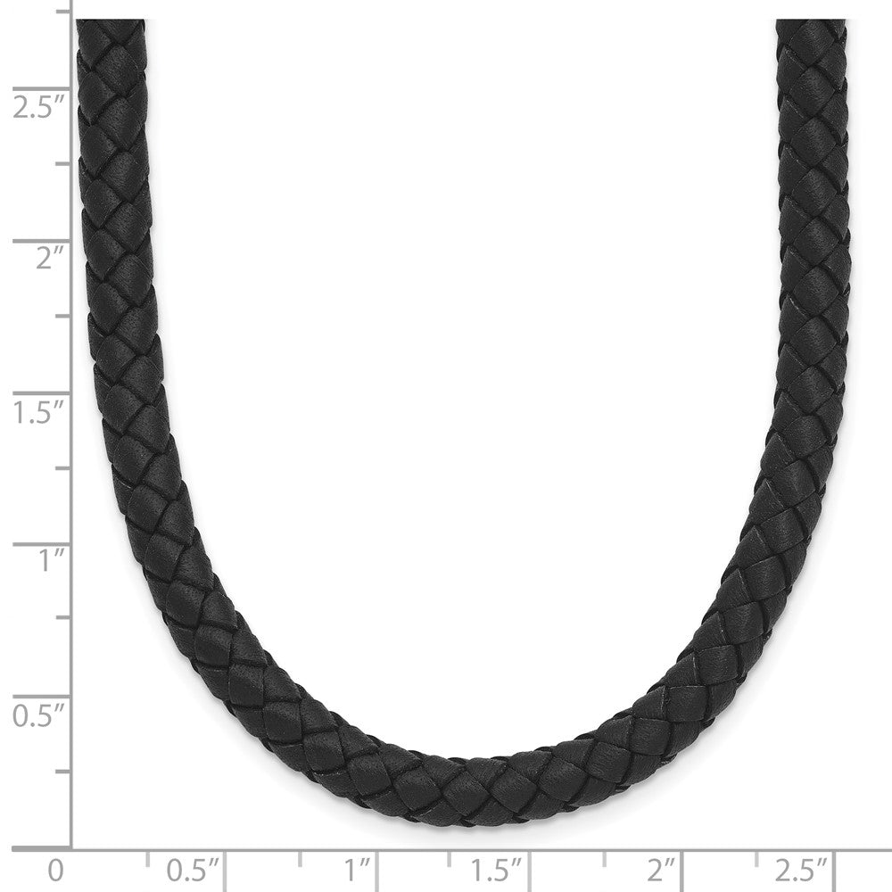 Stainless Steel Chisel Polished Woven Black Leather 16.25 Inch Necklace