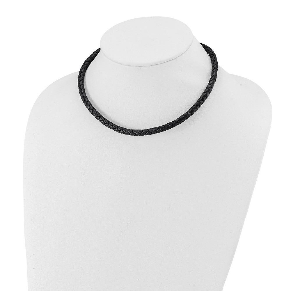 Stainless Steel Chisel Polished Woven Black Leather 16.25 Inch Necklace