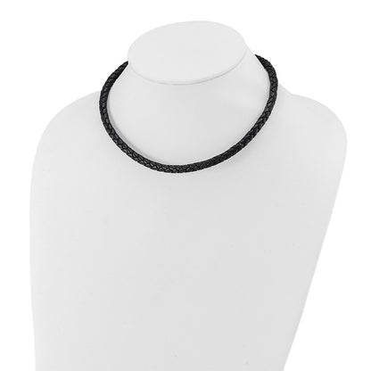 Stainless Steel Chisel Polished Woven Black Leather 16.25 Inch Necklace