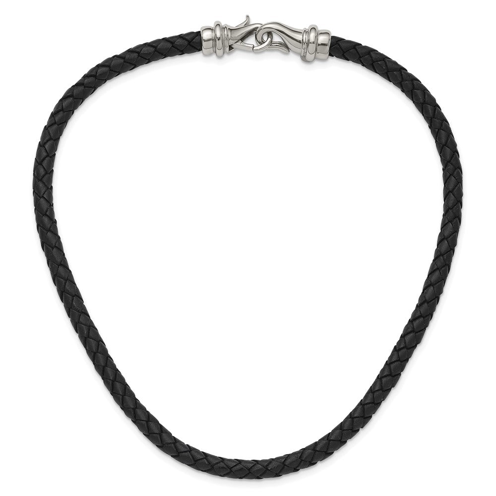 Stainless Steel Chisel Polished Woven Black Leather 16.25 Inch Necklace