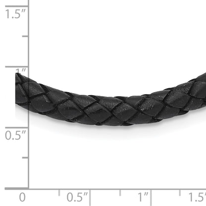 Stainless Steel Chisel Polished Woven Black Leather 19.5 Inch Necklace