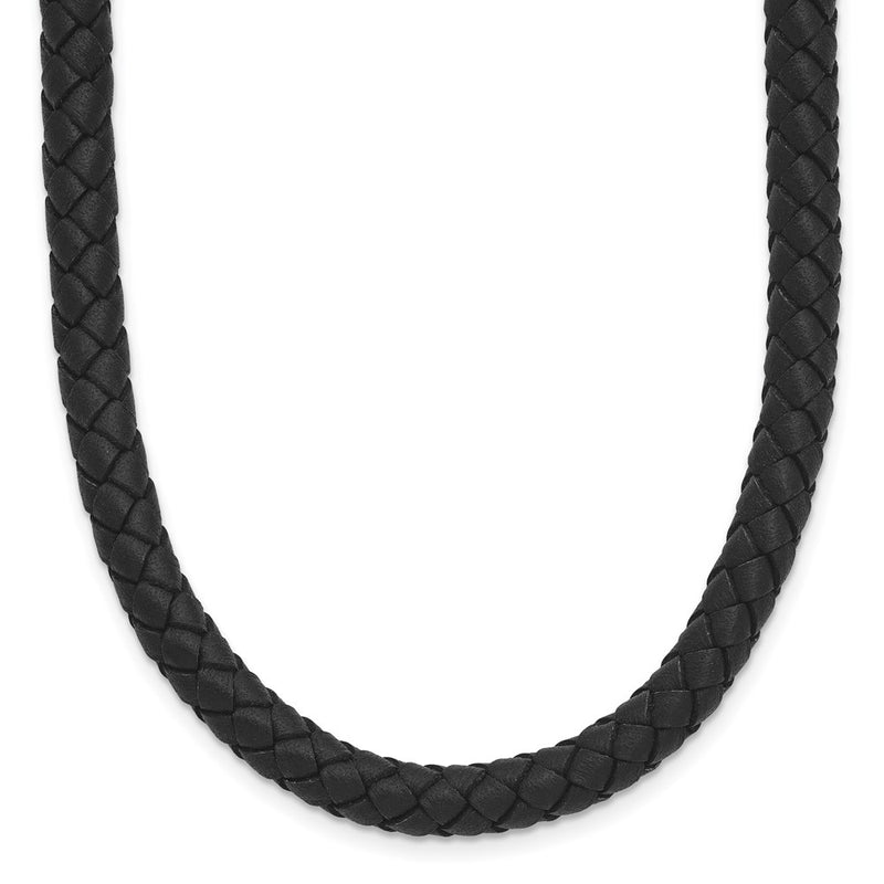 Stainless Steel Chisel Polished Woven Black Leather Necklace