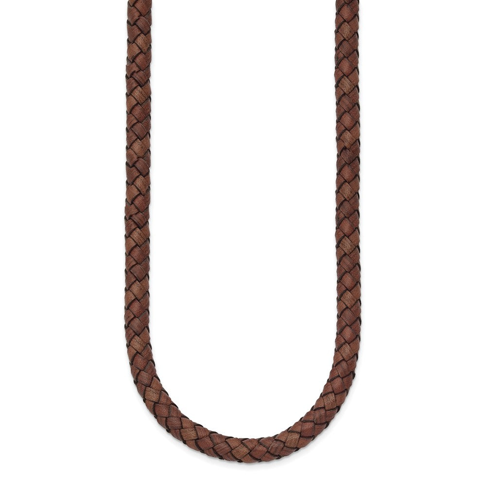 Stainless Steel Chisel Polished Woven Brown Leather 19.5 Inch Necklace