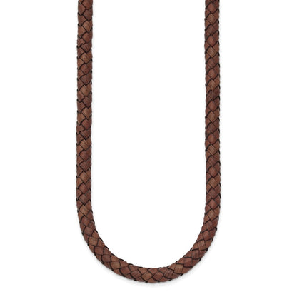 Stainless Steel Chisel Polished Woven Brown Leather 19.5 Inch Necklace