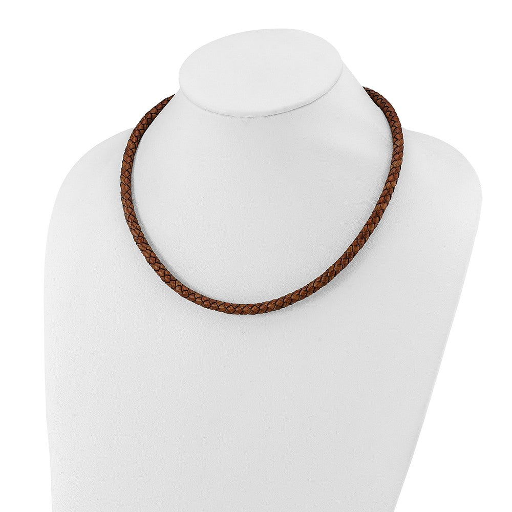 Stainless Steel Chisel Polished Woven Brown Leather 19.5 Inch Necklace