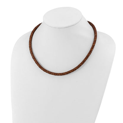 Stainless Steel Chisel Polished Woven Brown Leather 19.5 Inch Necklace