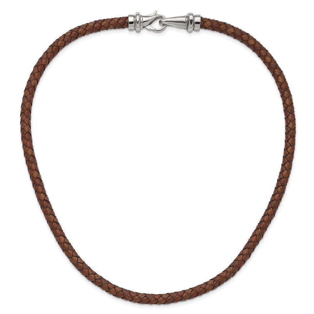 Stainless Steel Chisel Polished Woven Brown Leather 19.5 Inch Necklace