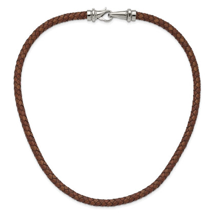 Stainless Steel Chisel Polished Woven Brown Leather 19.5 Inch Necklace
