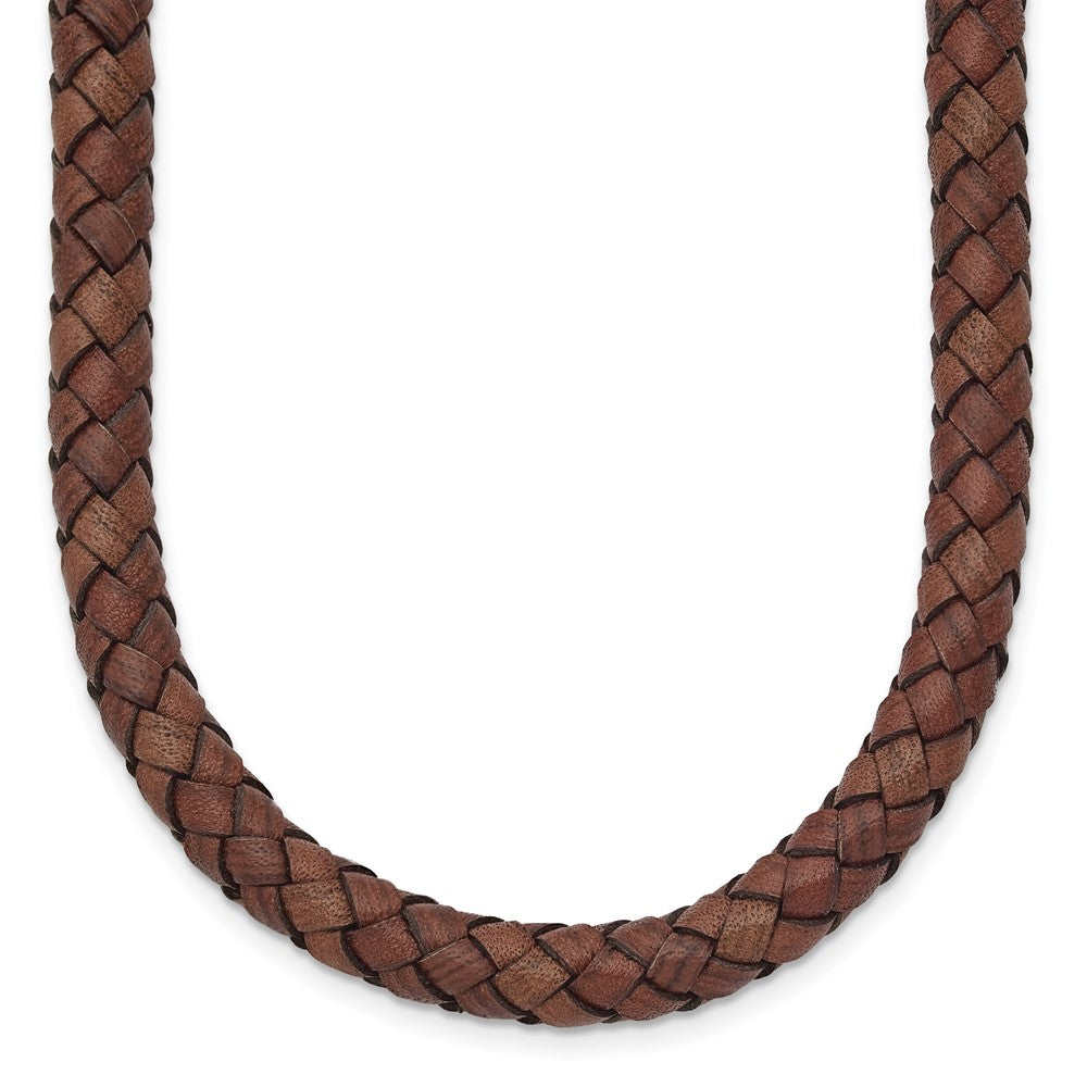 Stainless Steel Chisel Polished Woven Brown Leather 19.5 Inch Necklace